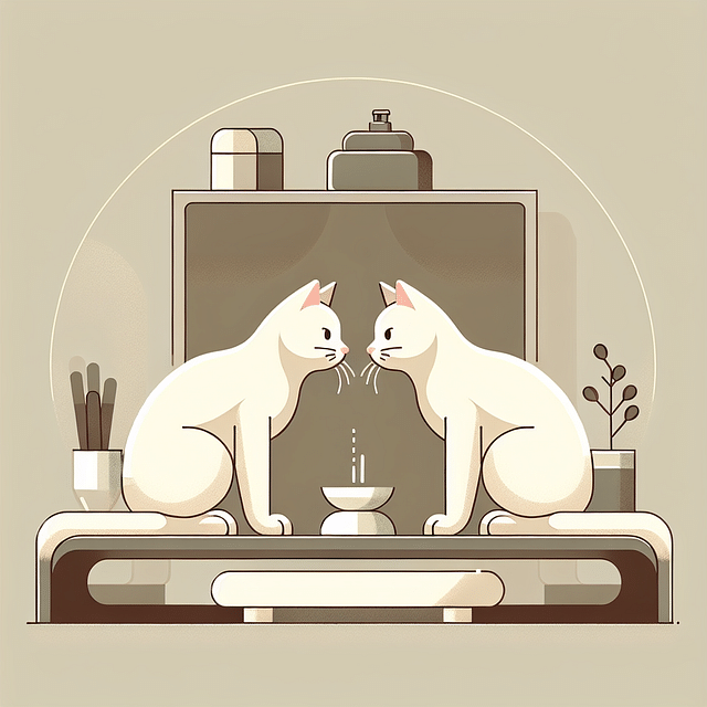 two cats gently sniffing each other in a neutral space