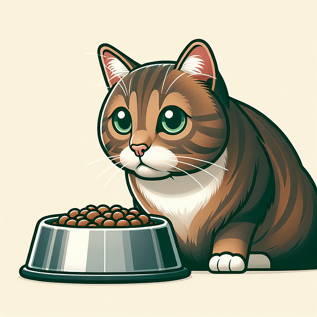 a cat waiting by its food bowl at feeding time