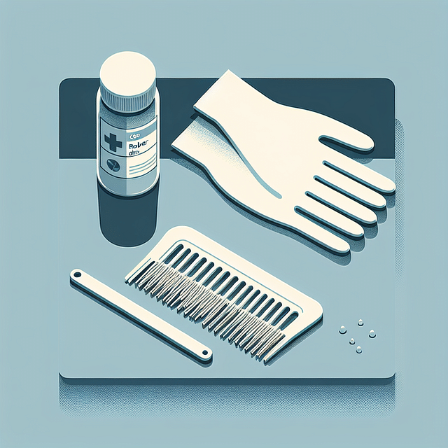 rubber gloves and a fine-toothed comb laid out on a table