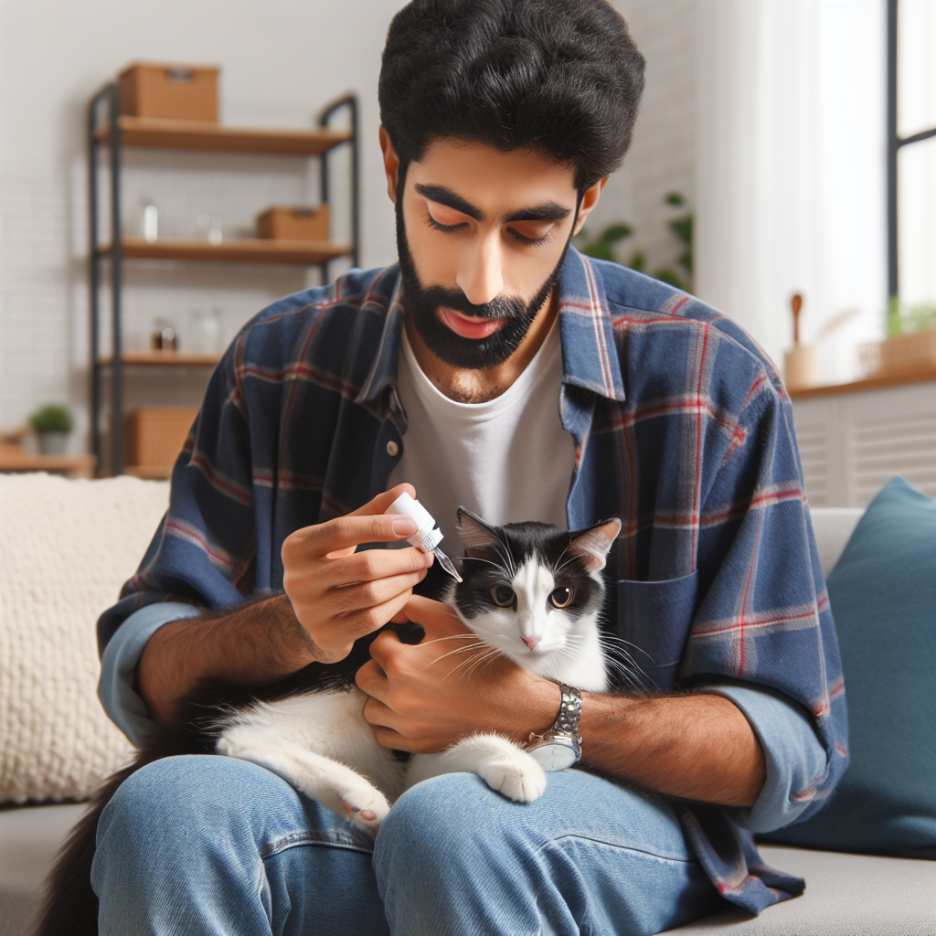 cat sitting on lap for medicine