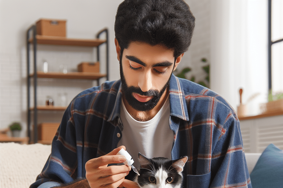 cat sitting on lap for medicine