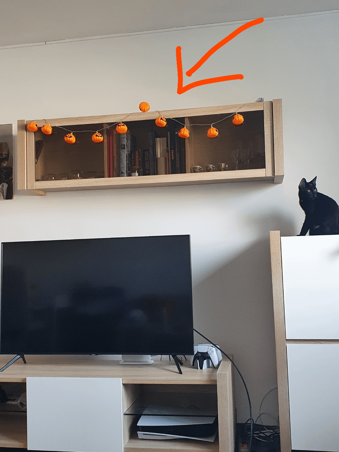 cat jumping onto TV stand