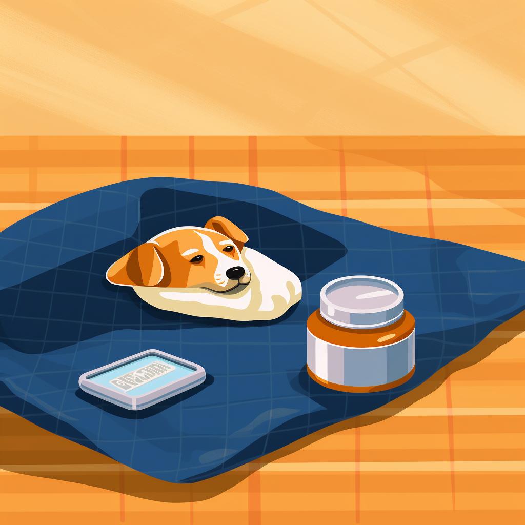 Digital pet thermometer, petroleum jelly, and a soft blanket spread on a table.