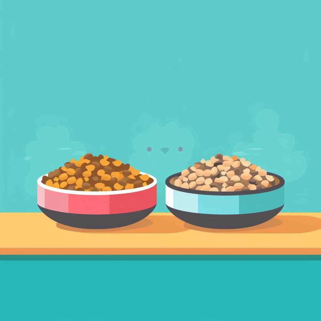 A bowl of dry cat food next to a bowl of wet cat food