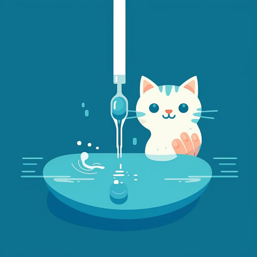 Hand cleaning a digital thermometer under running water, with a cat enjoying a treat in the background.