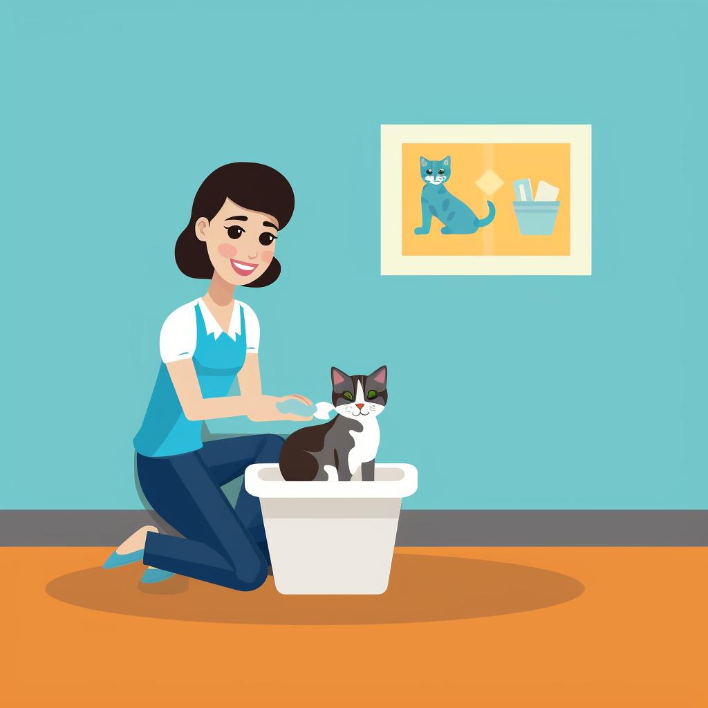 A patient owner guiding a cat to the litter box