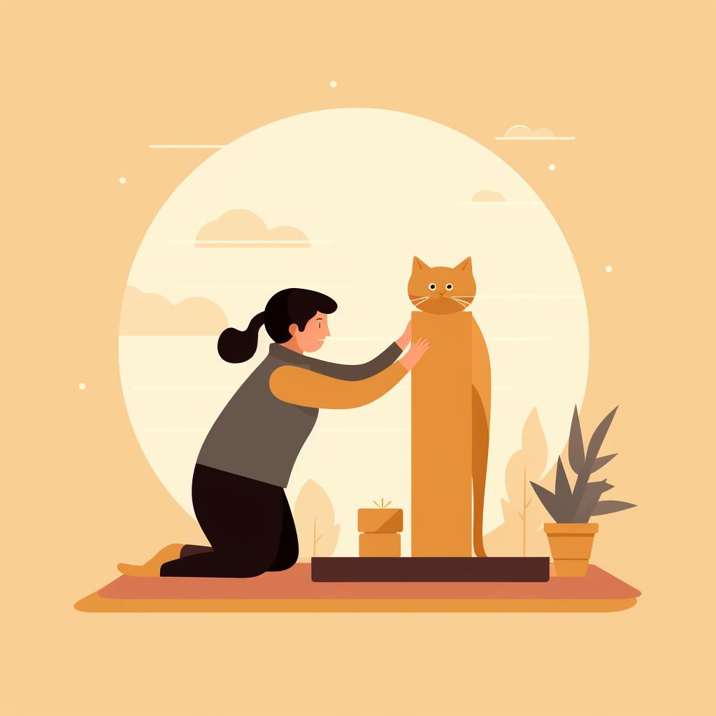 A person gently guiding a cat's paws on a scratching post