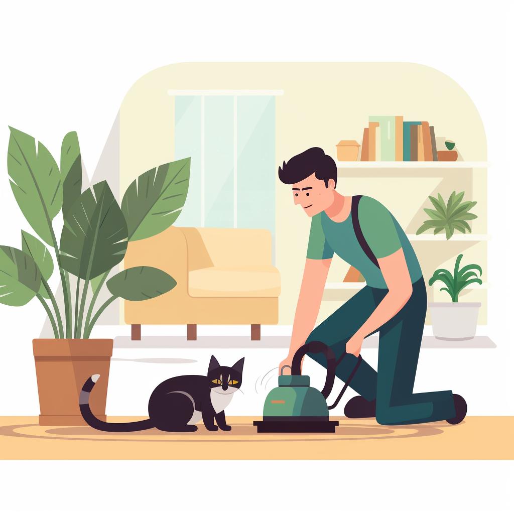 Person vacuuming a carpet with a cat nearby